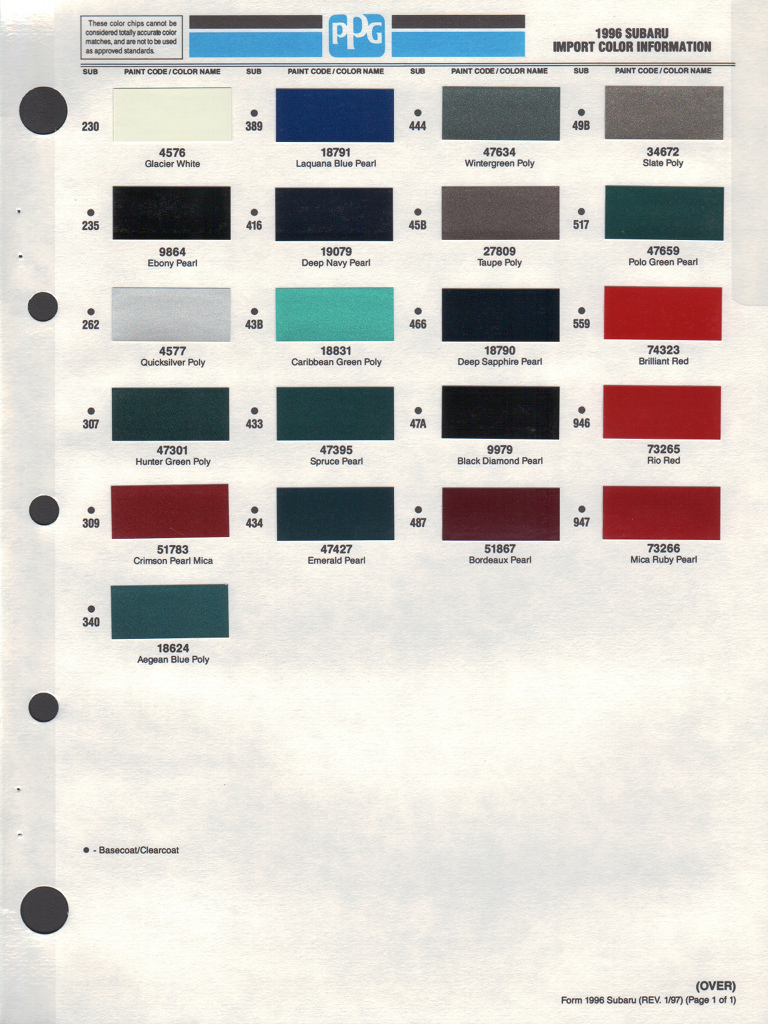 1996 Subaru Paint Charts PPG 1